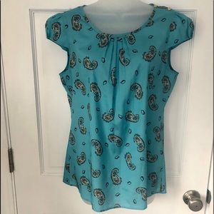 Teal Paisley Cap-Sleeve Blouse w/ Gold-Button Trim